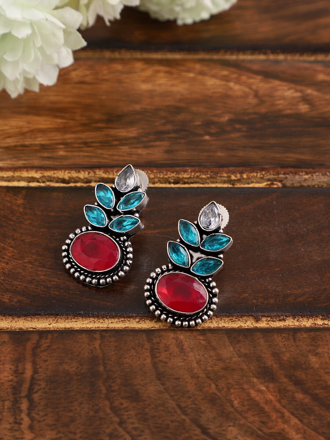 

VENI Pink & Blue Stone Studded Contemporary Drop Earrings