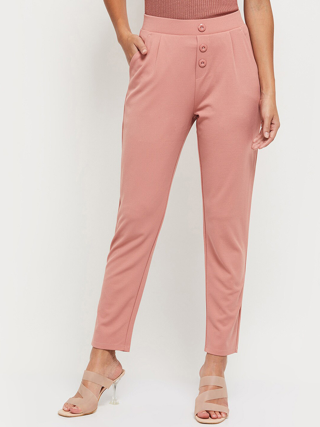

max Women Pink Pleated Mid rise Trousers