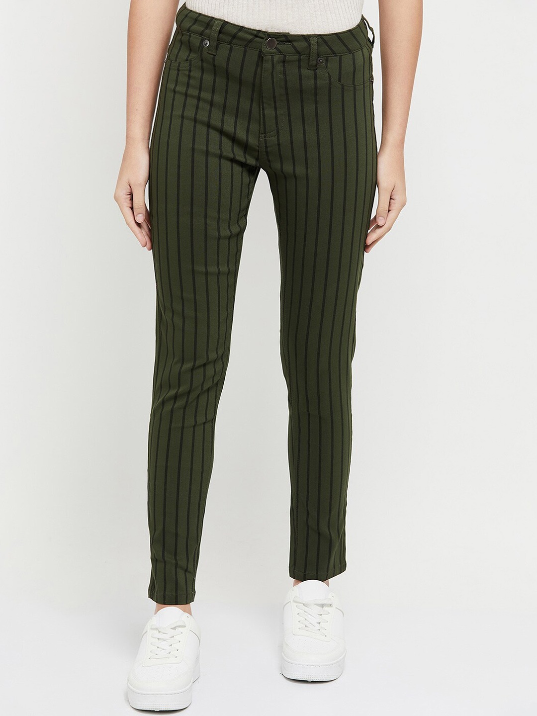 

max Women Olive Green Striped Trousers