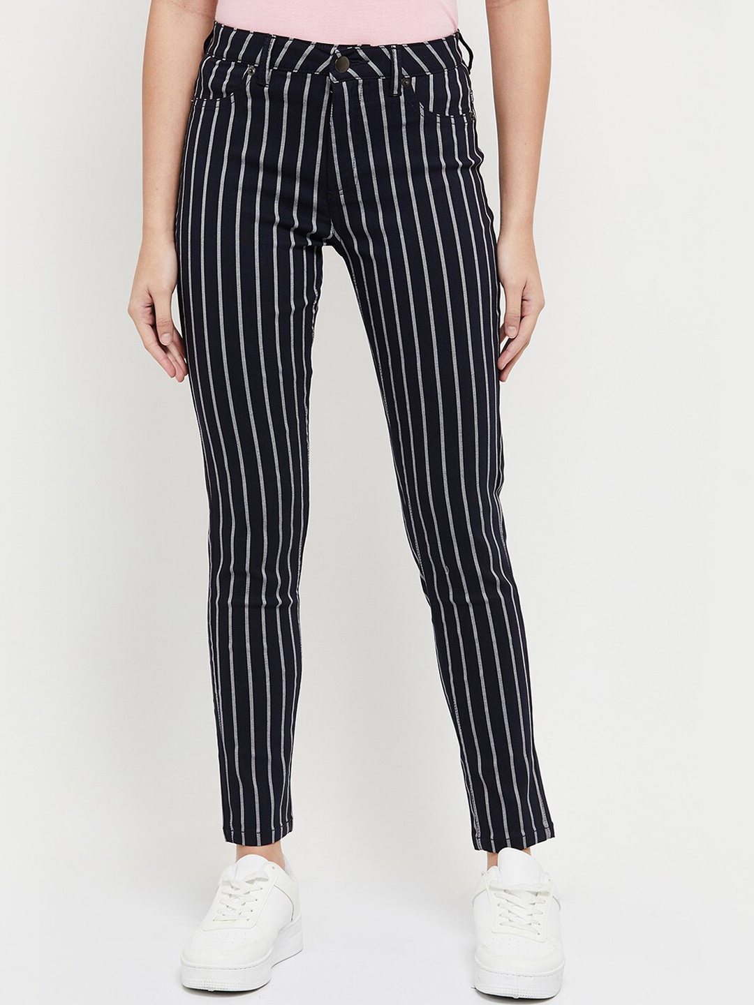 

max Women Navy Blue Striped Trousers