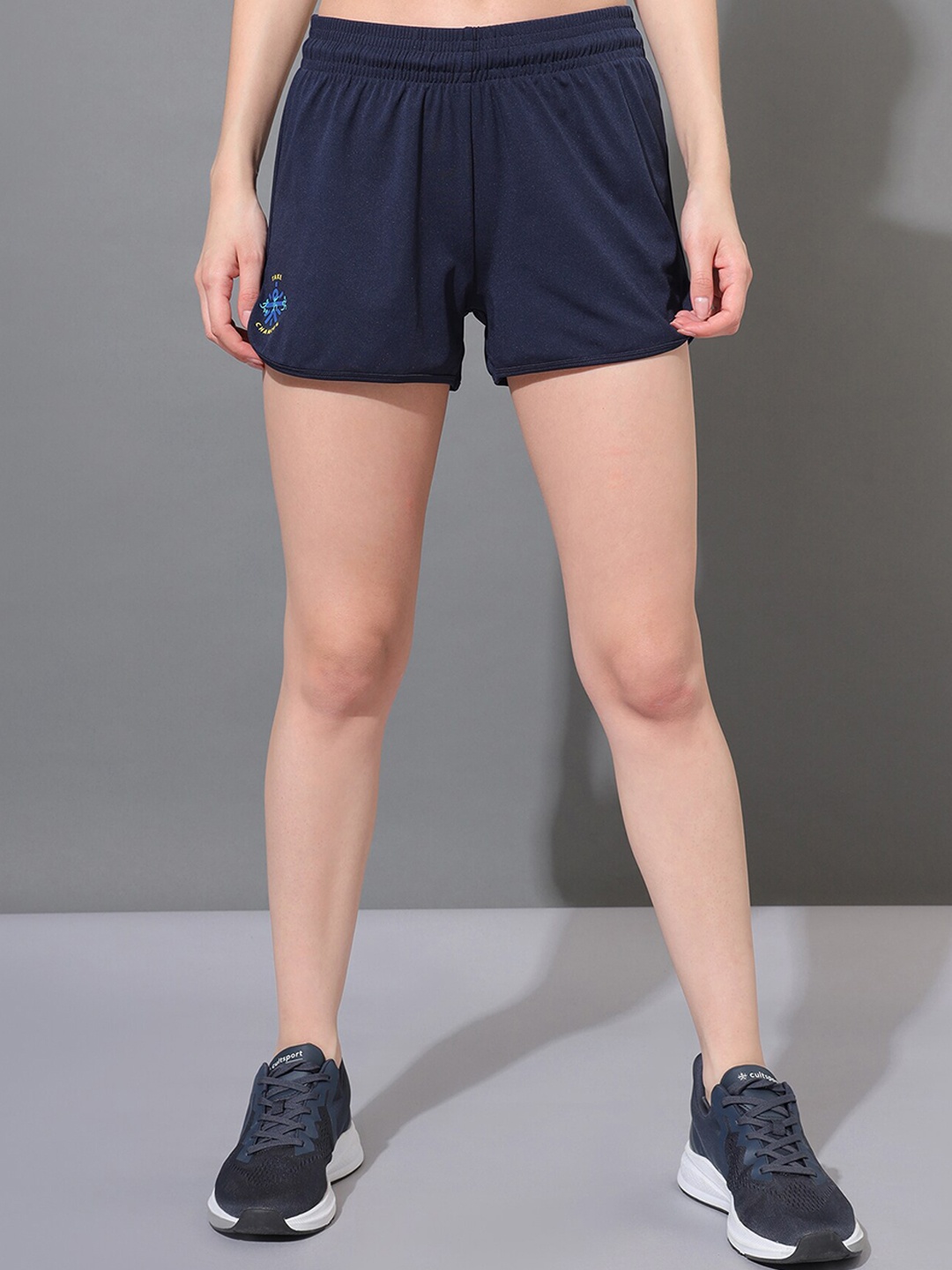 

cultsportone Women Navy Blue Graphic Print Training or Gym Sports Shorts