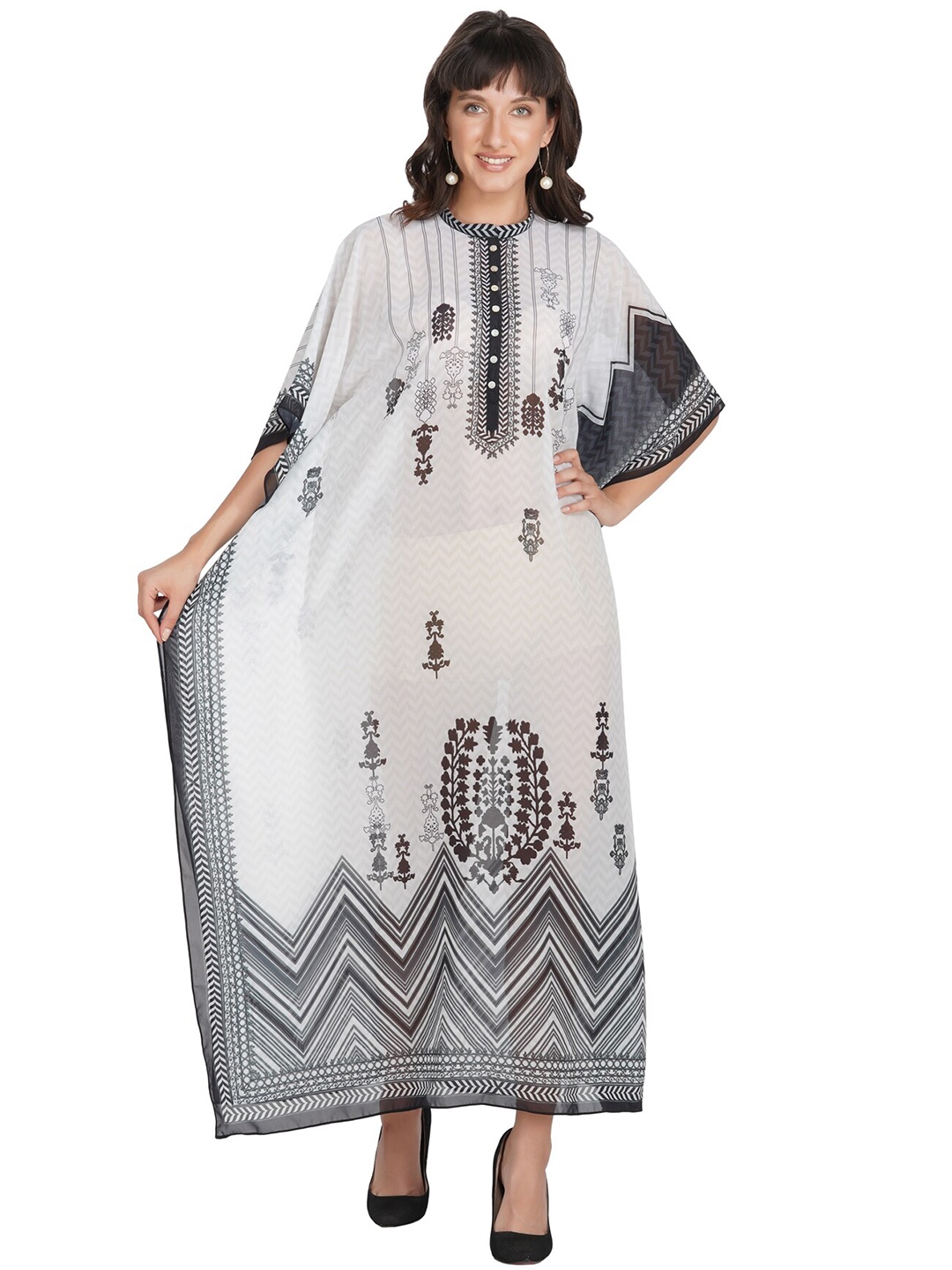 

Rajoria Instyle White & Black Ethnic Motifs Georgette Kaftan Maxi Dress