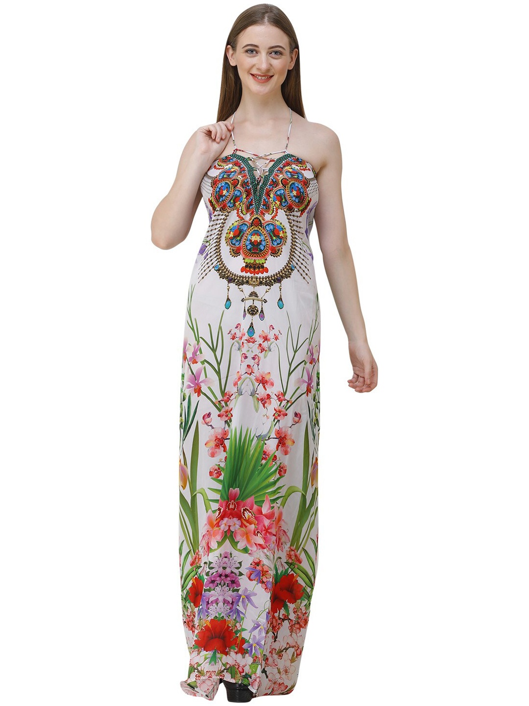 

Rajoria Instyle Women Multicolored Floral Printed Georgette Off Shoulder Maxi Dress, Multi