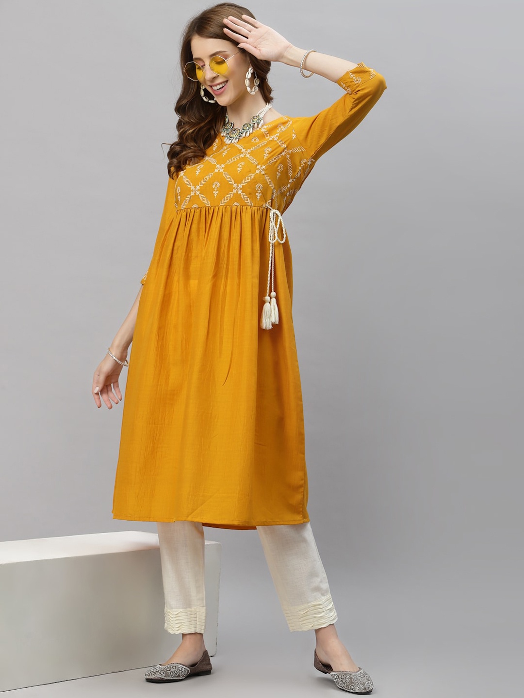 

KALINI Women Yellow Ethnic Motifs Printed Anarkali Angrakha Kurta