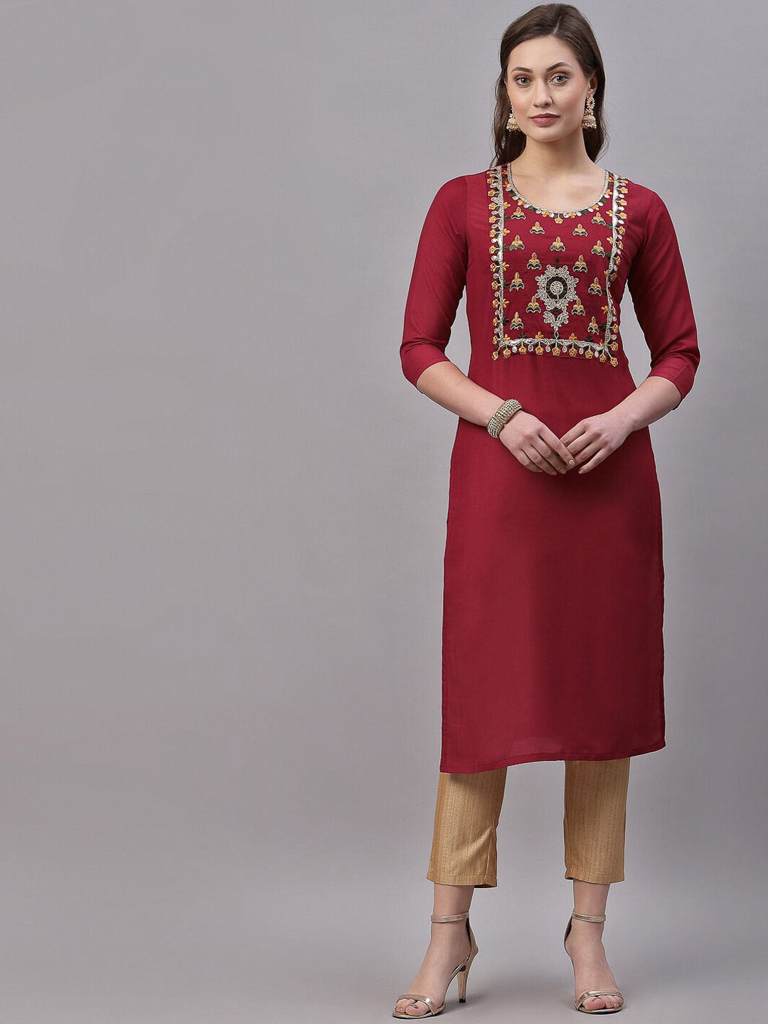 

KALINI Women Maroon Geometric Embroidered Mirror Work Silk Kurta