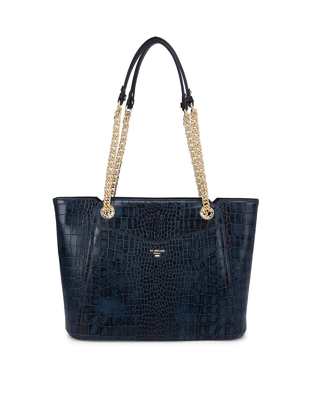 

Da Milano Blue Textured Leather Structured Shoulder Bag with Tasselled