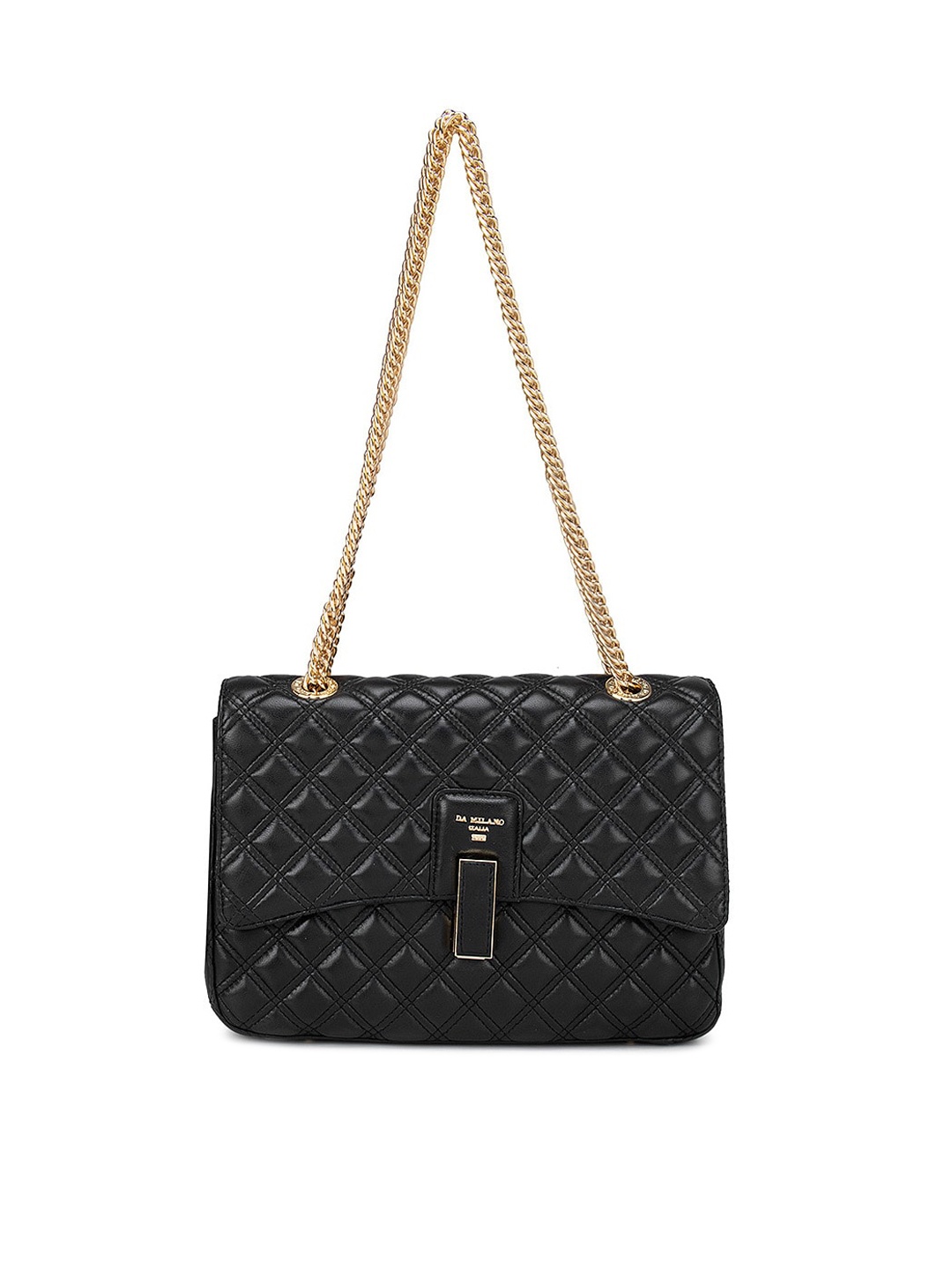 

Da Milano Black Geometric Leather Structured Shoulder Bag with Quilted
