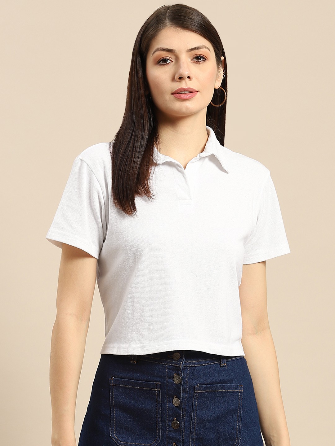 

HILL STREET Women White Solid Polo Collar T-shirt