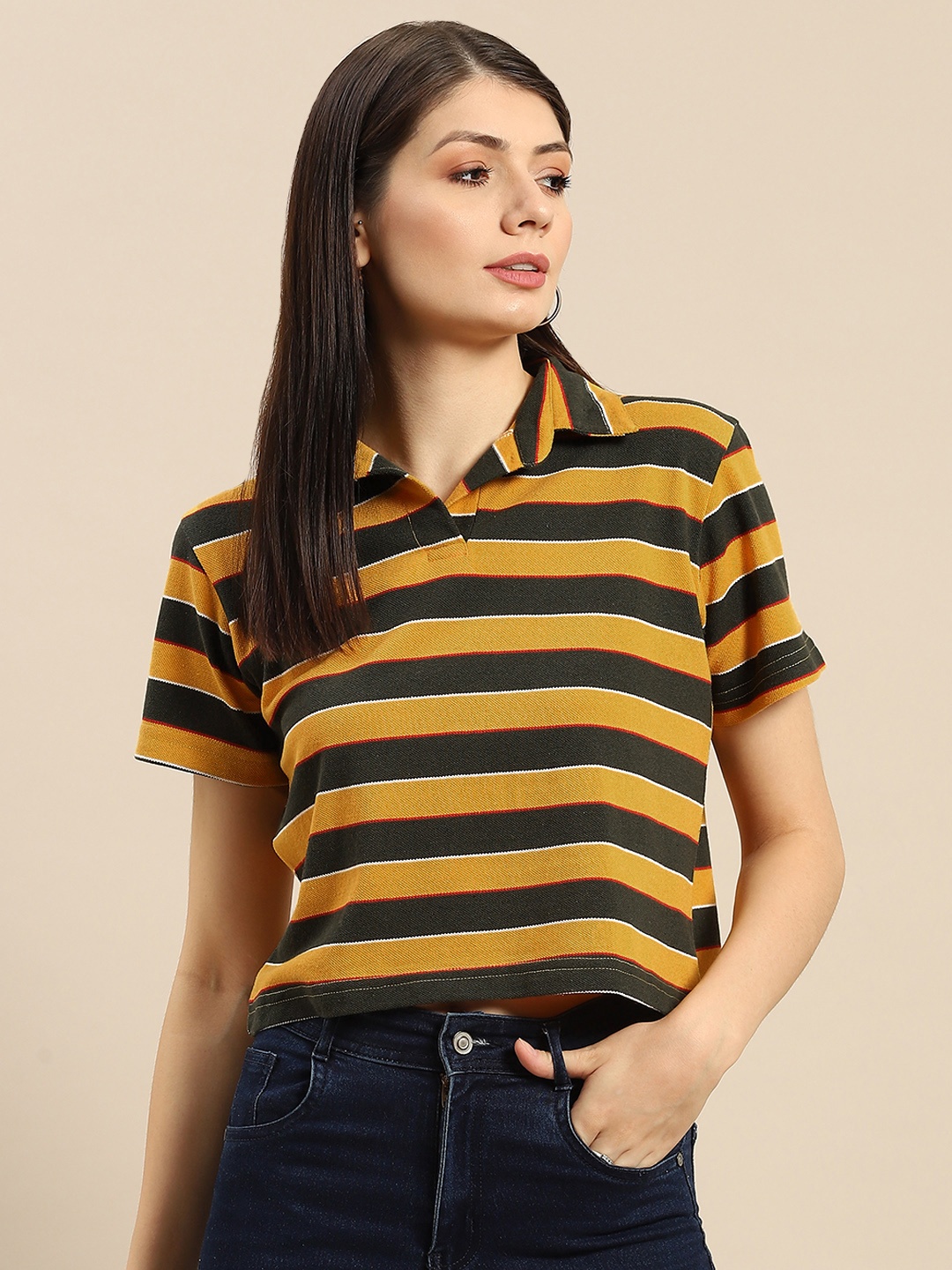 

HILL STREET Women Brown & Black Striped Polo Collar T-shirt