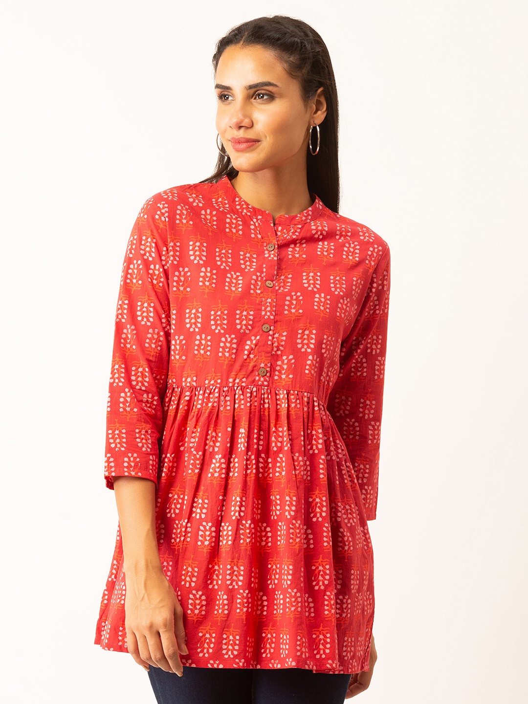 

ZOLA Red & White Mandarin Collar Printed Tunic