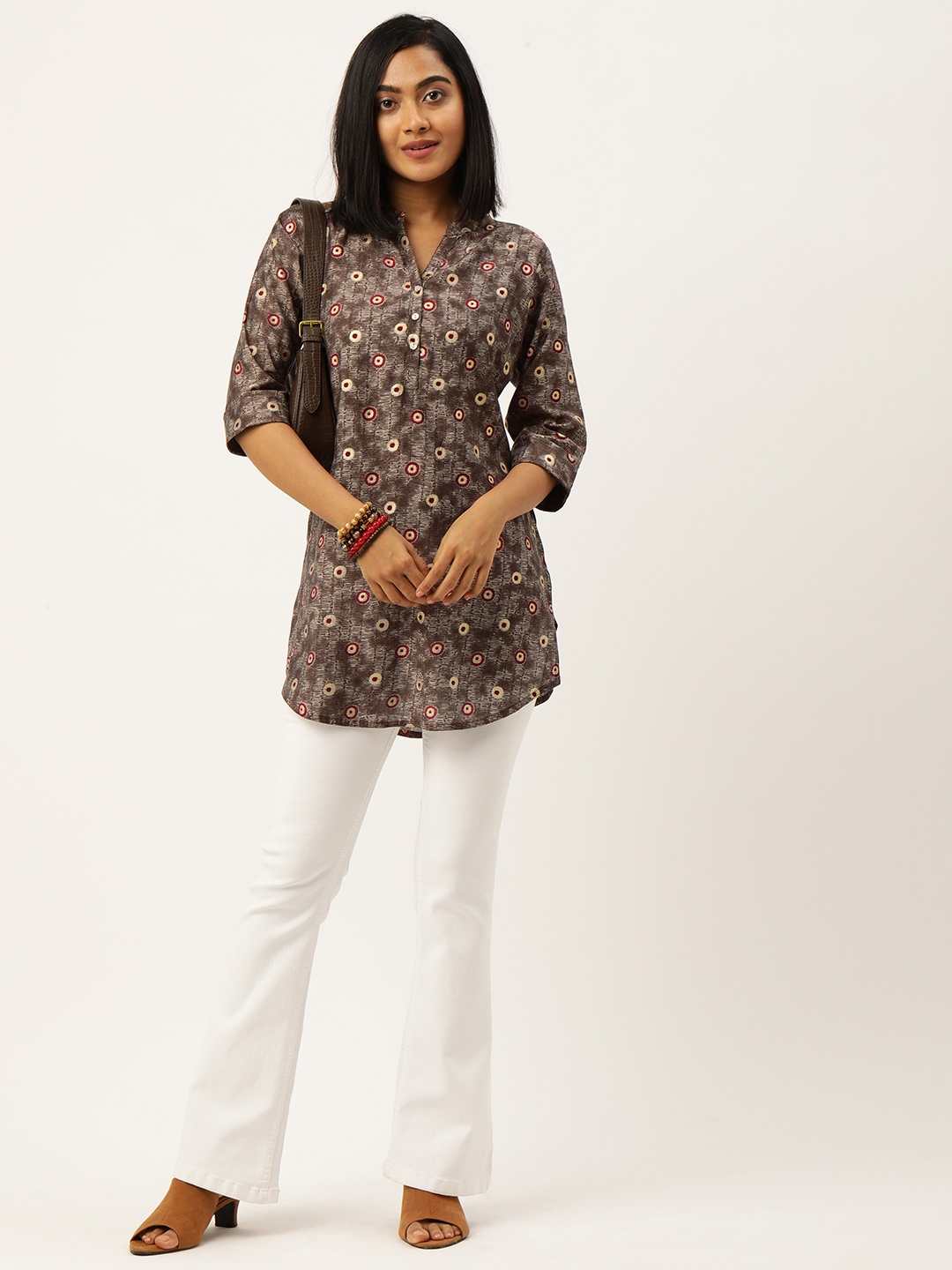 

ZOLA Brown & White Mandarin Collar Printed Tunic