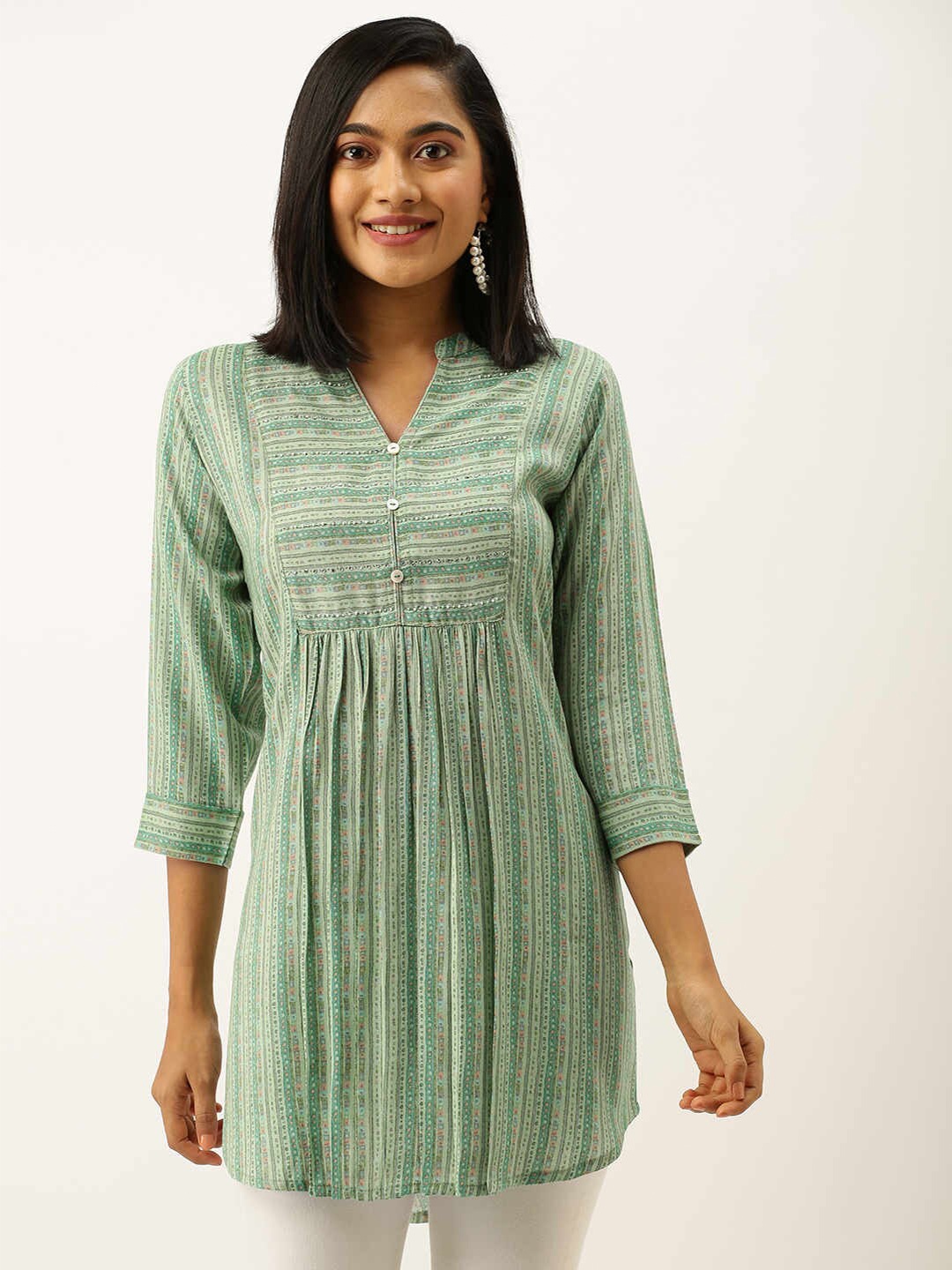 

ZOLA Mandarin Collar Striped Tunic, Green