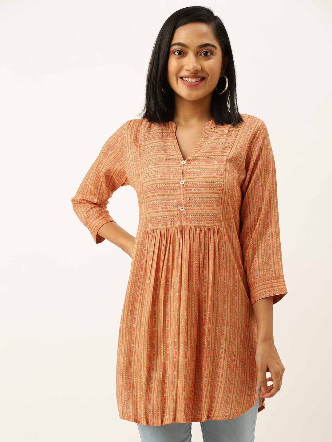 

ZOLA Women Mustard & Pink Mandarin Collar Striped Tunic