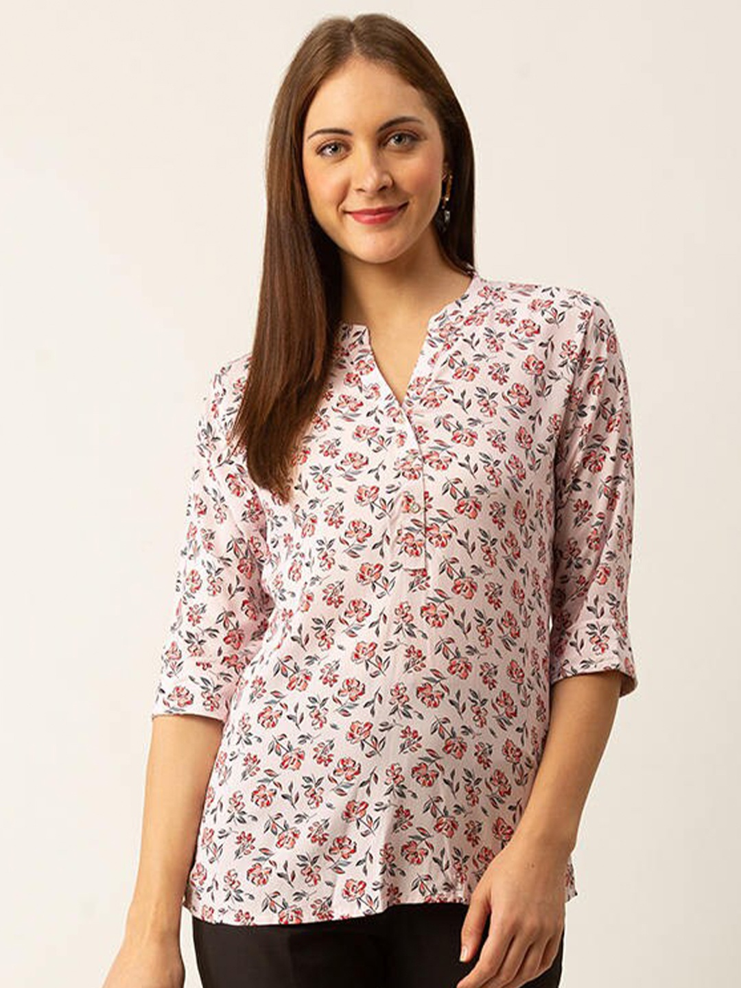 

ZOLA Pink & Black Mandarin Collar Printed Tunic