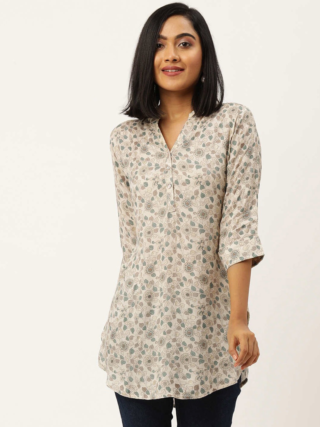 

ZOLA Women Green & Beige Printed Mandarin Collar Silk Tunic