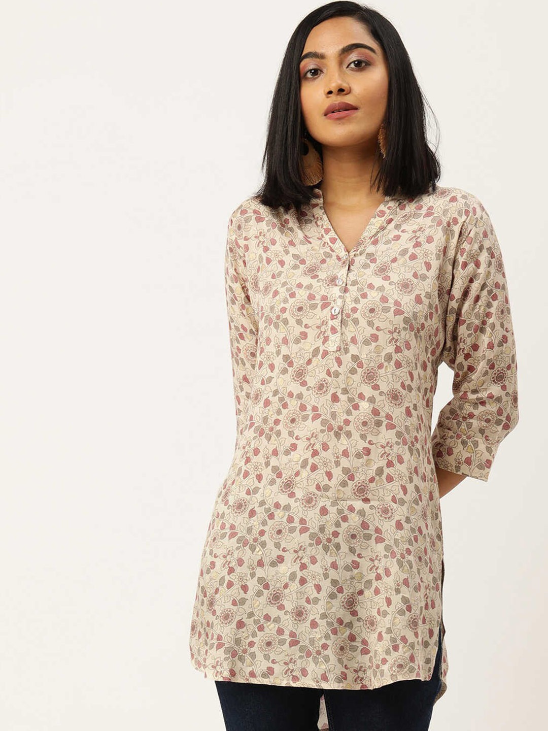 

ZOLA Brown & Pink Mandarin Collar Printed Tunic