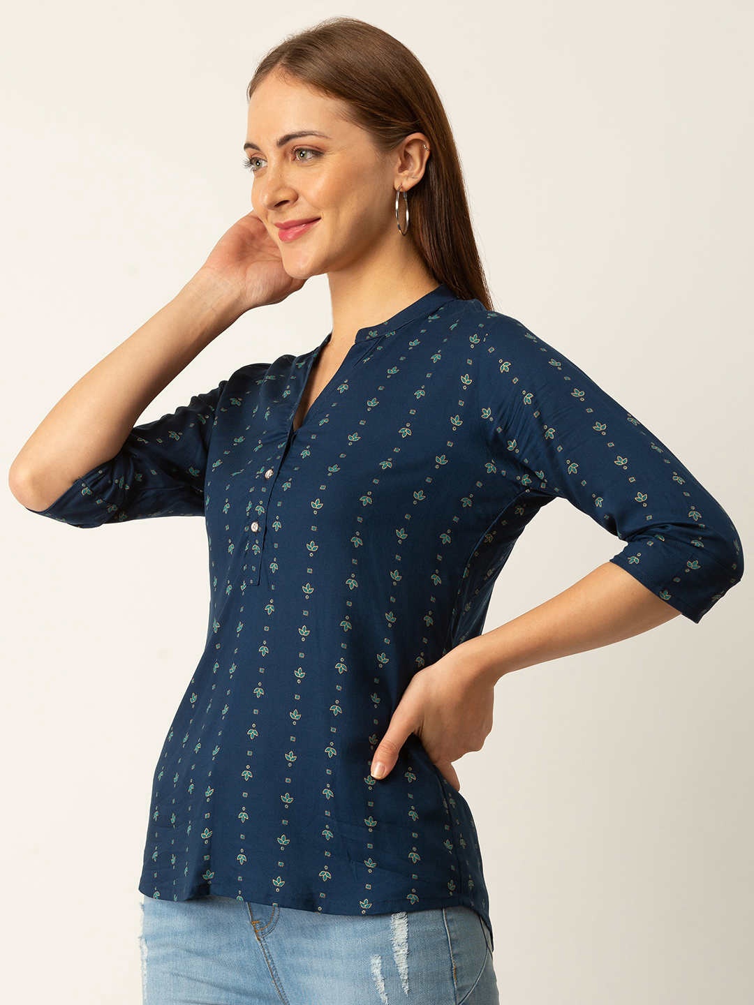 

ZOLA Navy Blue Viscose Rayon Mandarin Collar Printed Tunic