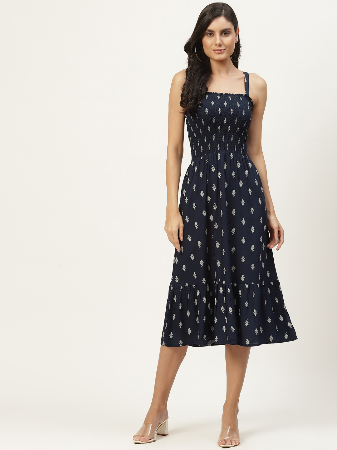 

WISSTLER Navy Blue & White Ethnic Motifs Shoulder Straps Smocked Detail Ethnic Midi Dress