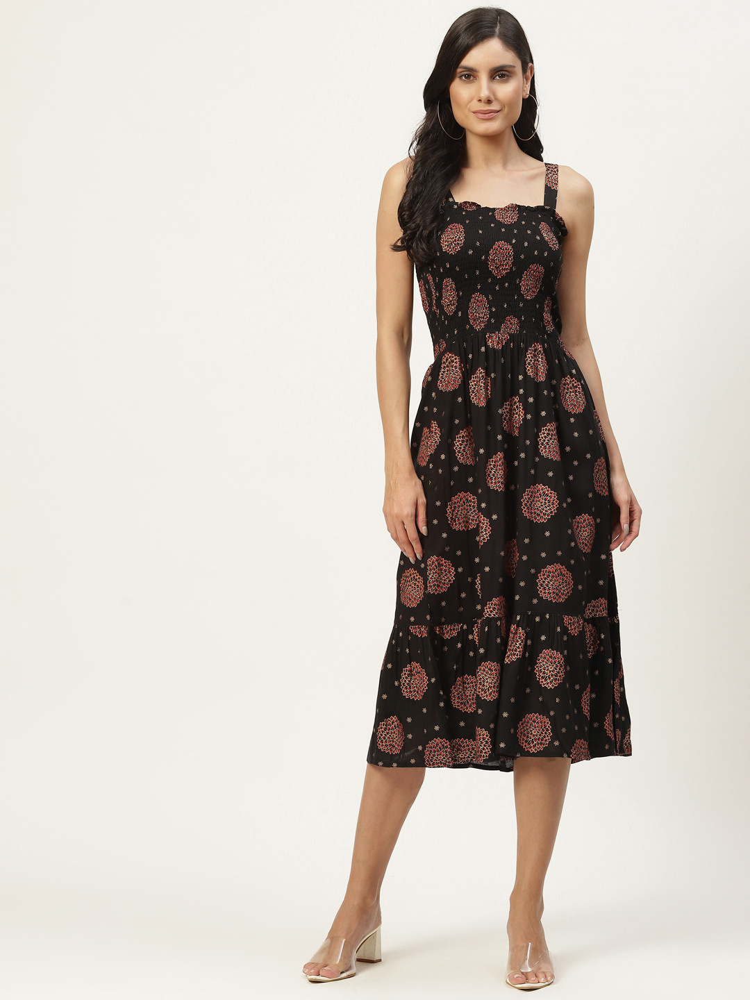 

WISSTLER Black Ethnic Motifs Shoulder Straps Smocked Detail Ethnic Midi Dress