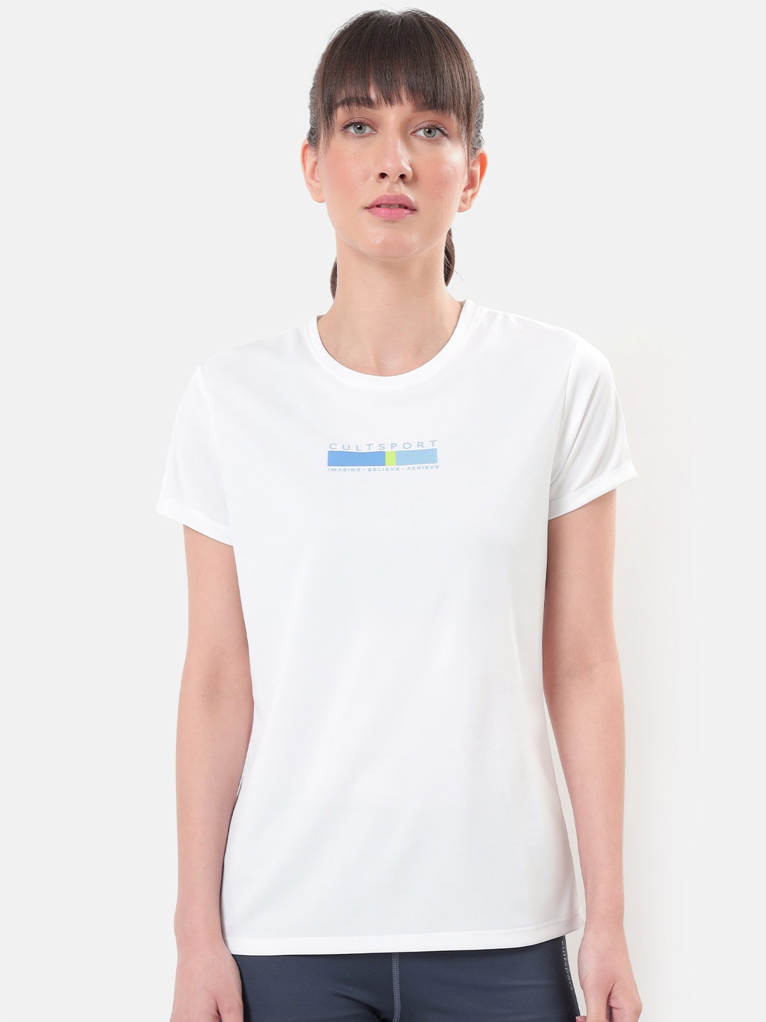 

cultsportone Women White Typography Printed Moisture Wicking Performance T-shirt