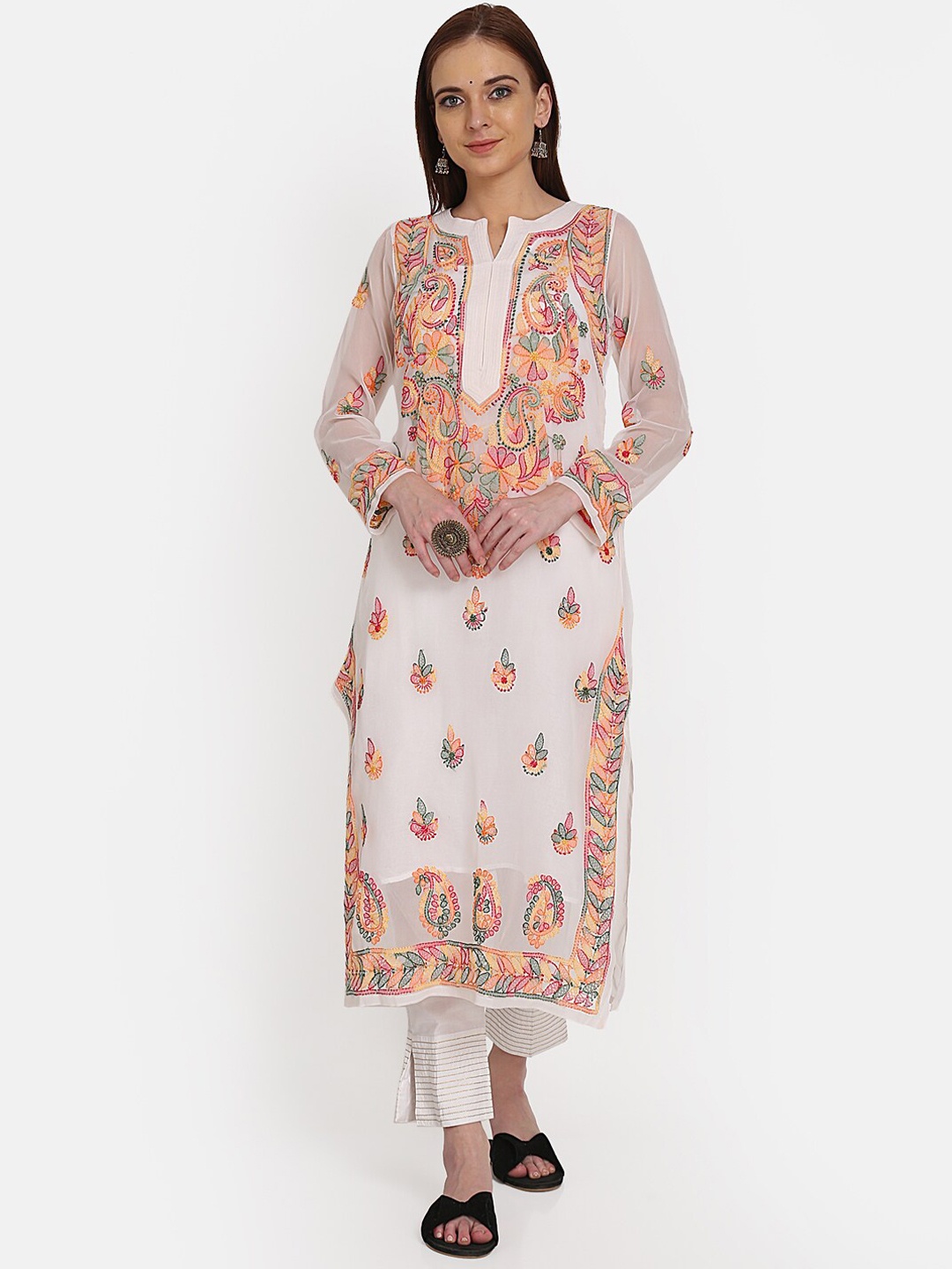 

PARAMOUNT CHIKAN Women White & Multicoloured Embroidered Chikankari Georgette Kurta