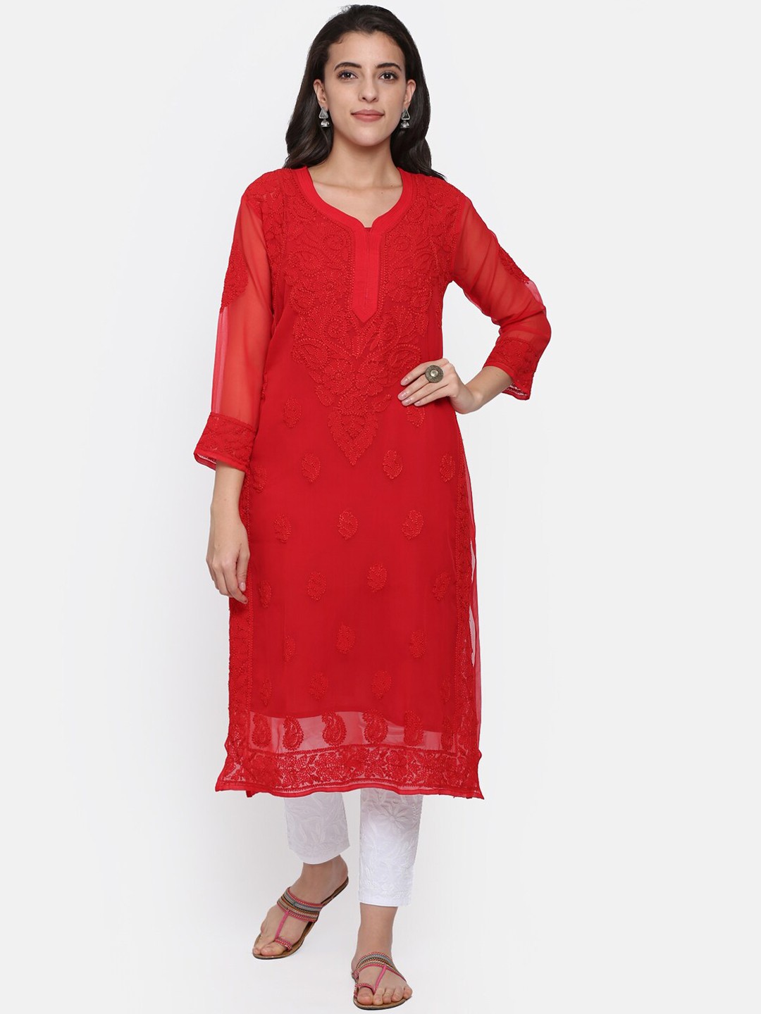 

PARAMOUNT CHIKAN Women Red Hand Embroidered Chikankari Georgette Kurta