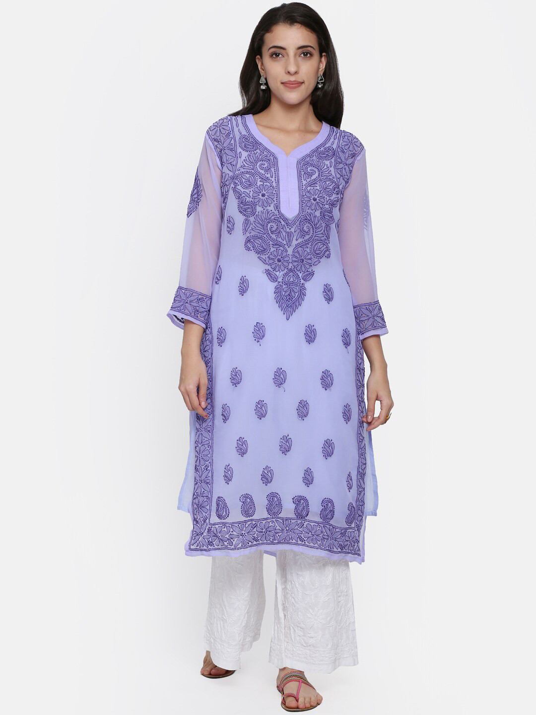 

PARAMOUNT CHIKAN Women Purple Hand Embroidered Chikankari Georgette Kurta