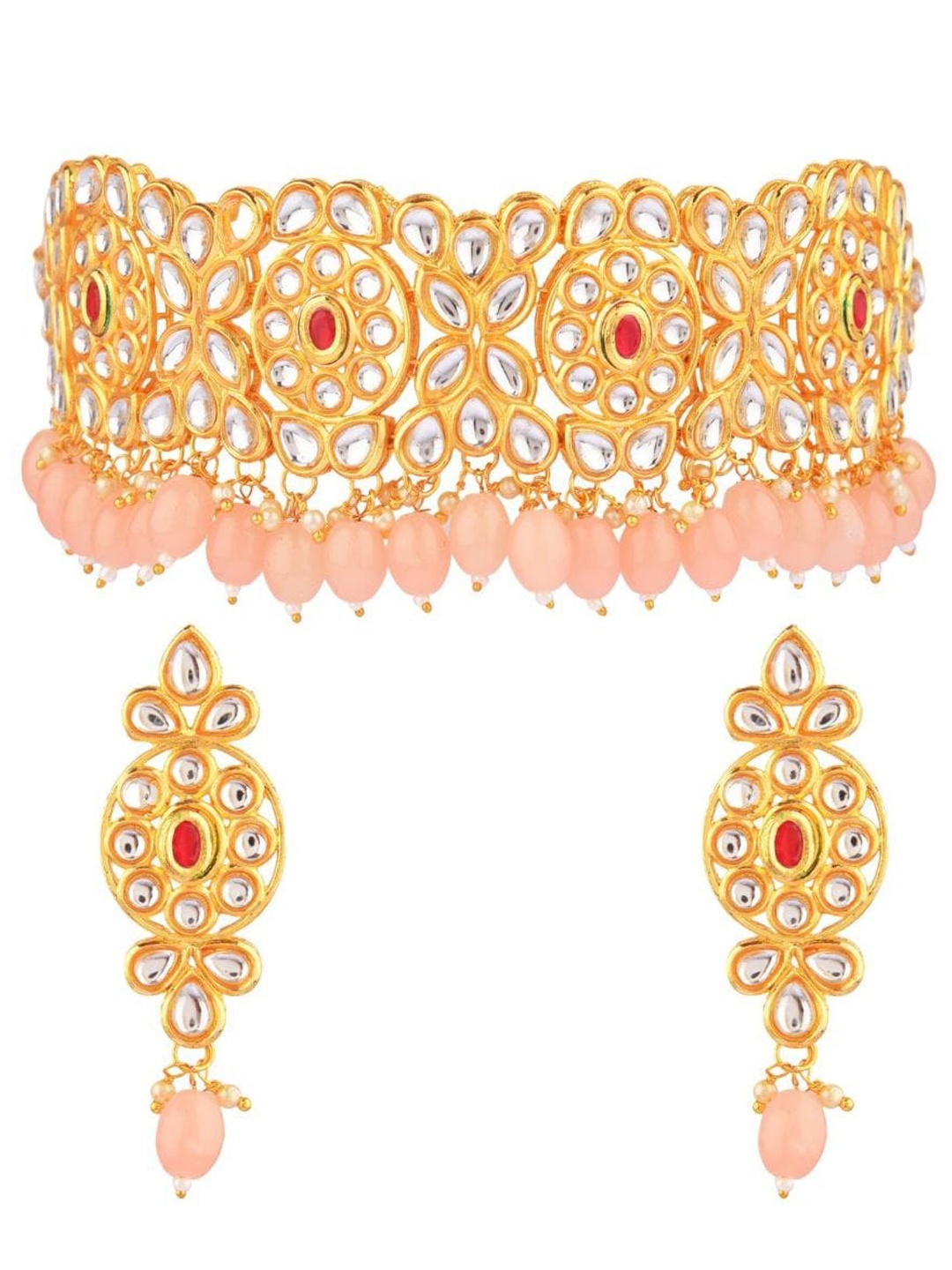 

Efulgenz Gold-Plated White & Peach-Coloured Stone-Studded & Pearl Beaded Jewellery Set
