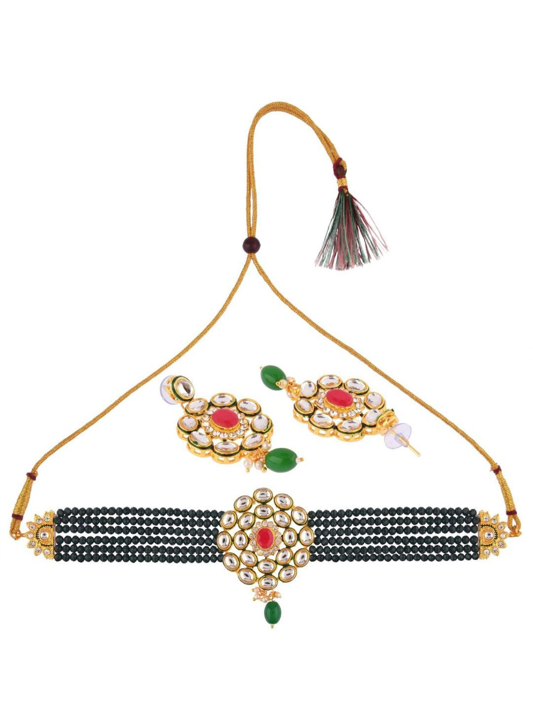 

Efulgenz Gold-Plated & Green Traditional Crystal Beads Jewellery Set