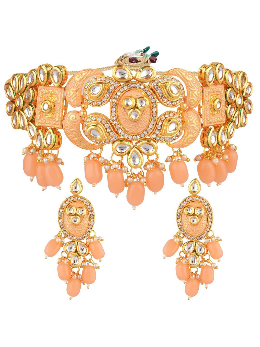 

Efulgenz Gold-Plated & Peach-Coloured Kundan Beaded Jewellery Set