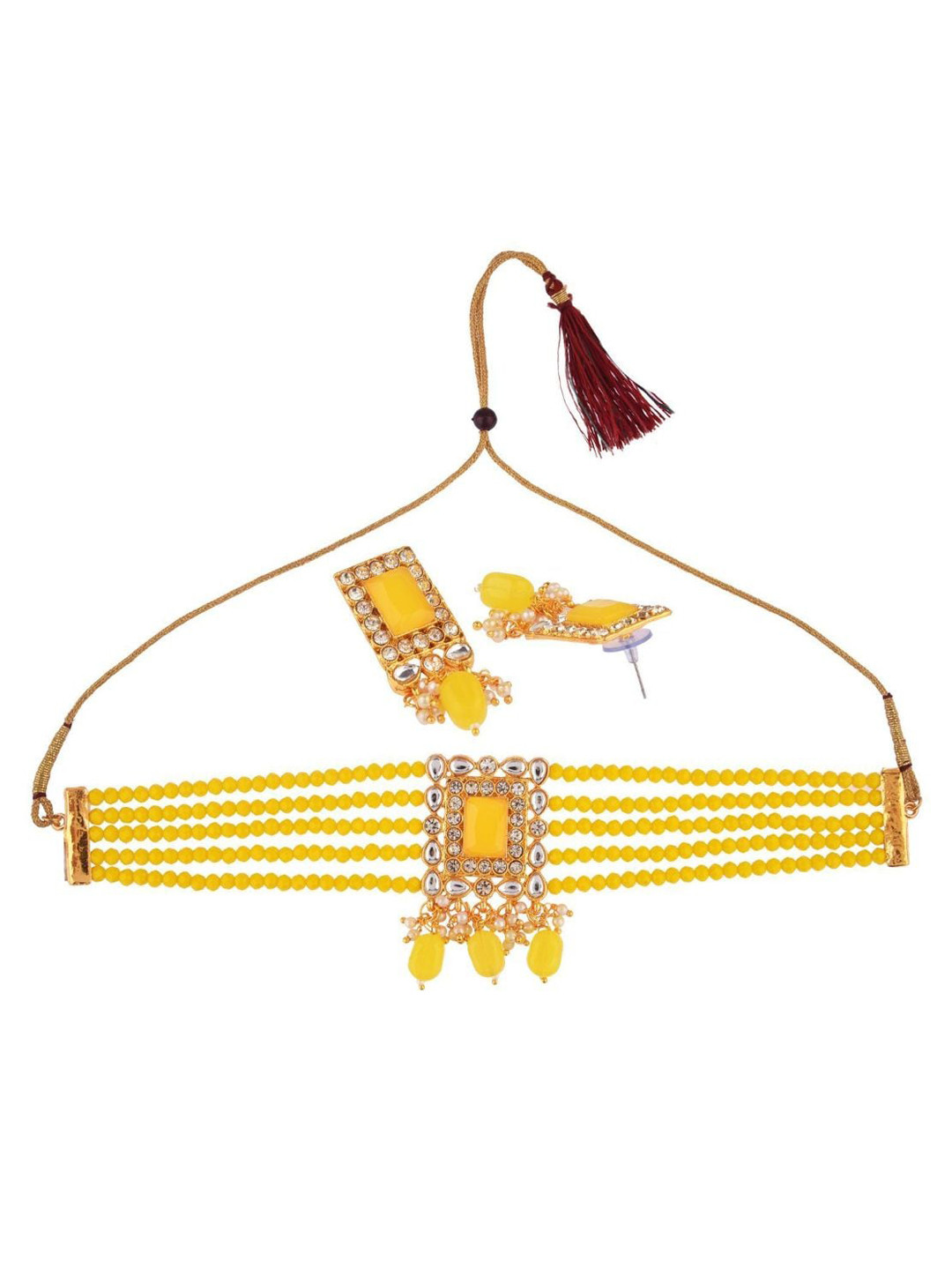 

Efulgenz Gold-Plated Yellow Crystal-Studded & Pearl Beaded Jewellery Set