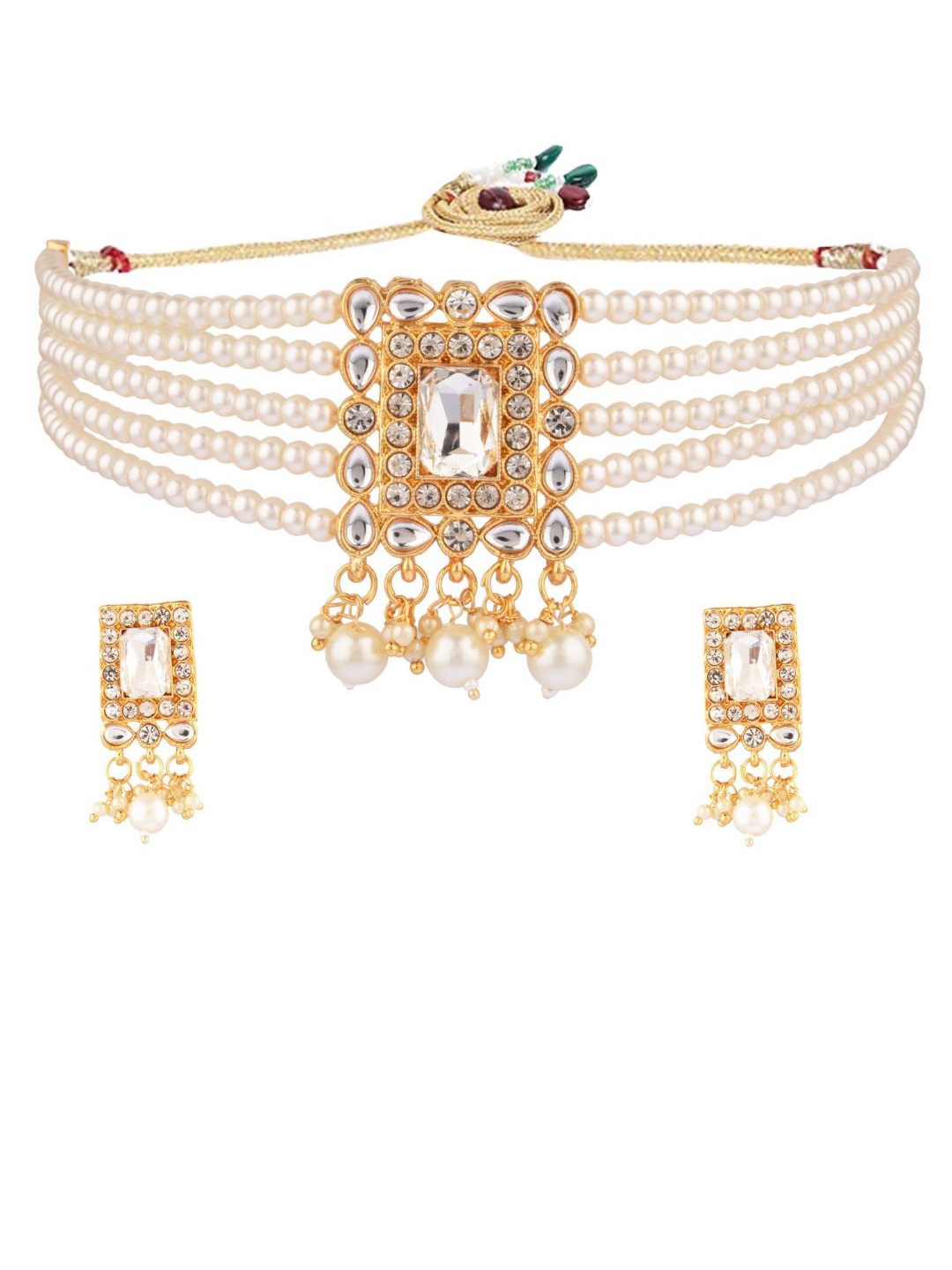 

Efulgenz Gold-Plated White Kundan Studded Pearl Beaded Jewellery Set
