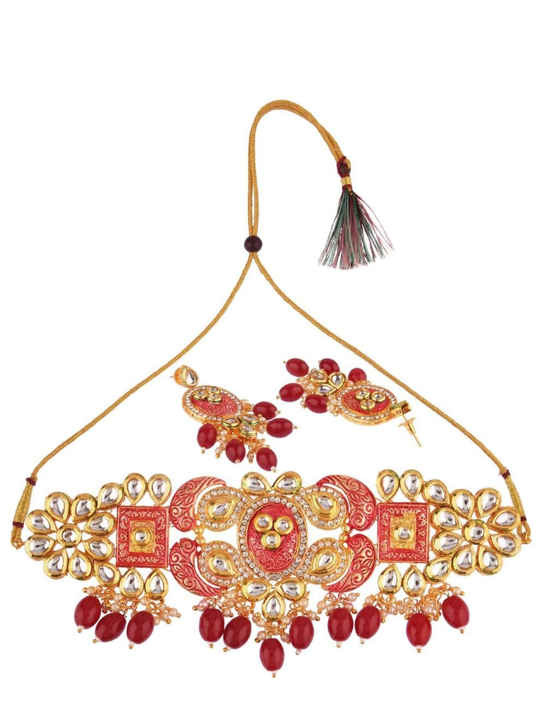 

Efulgenz Gold-Plated Maroon & White Stone-Studded & Beaded Jewellery Set