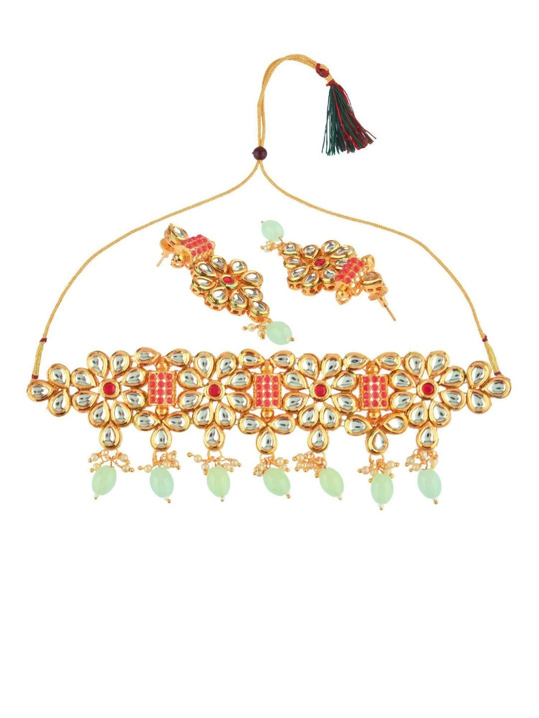

Efulgenz Gold-Plated Lime Green & Red Kundan & Stone Studded Pearl Beaded Jewellery Set