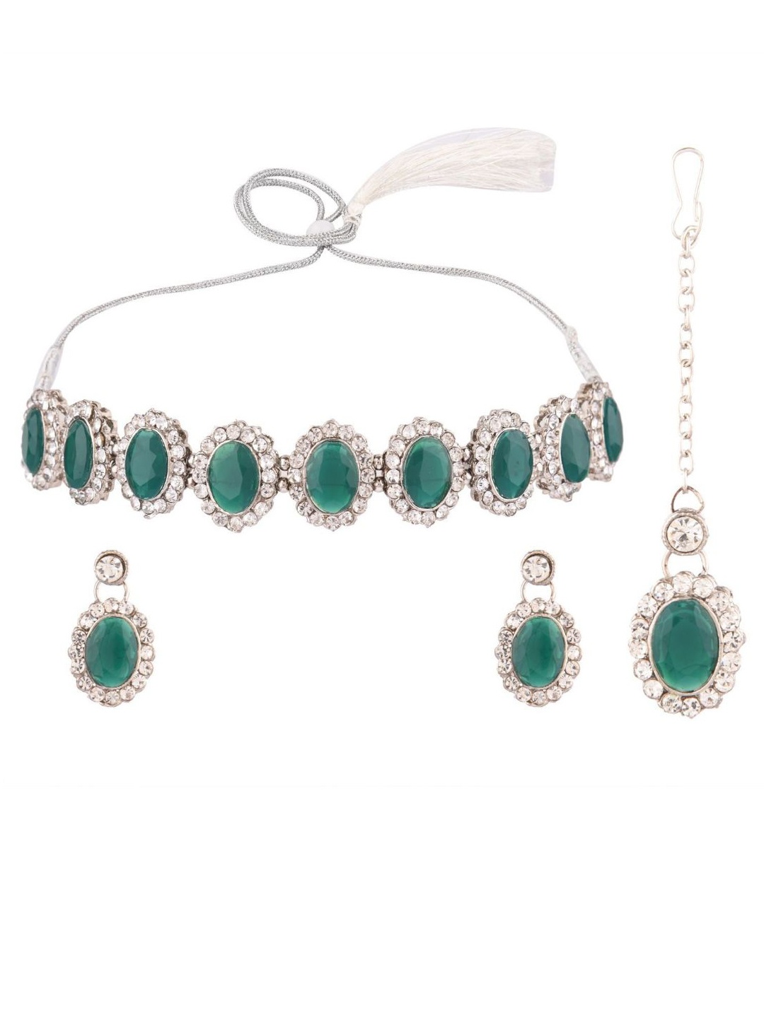 

Efulgenz Rhodium-Plated Green Stone Studded Choker Jewellery Set, Silver