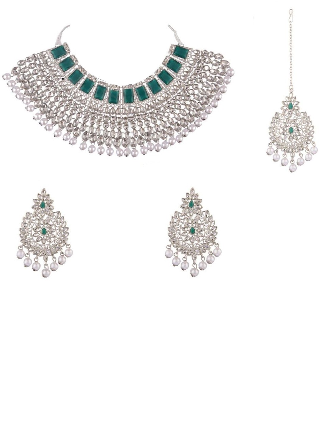 

Efulgenz Rhodium-Plated Silver-Toned White & Green Crystal Studded Jewellery Set