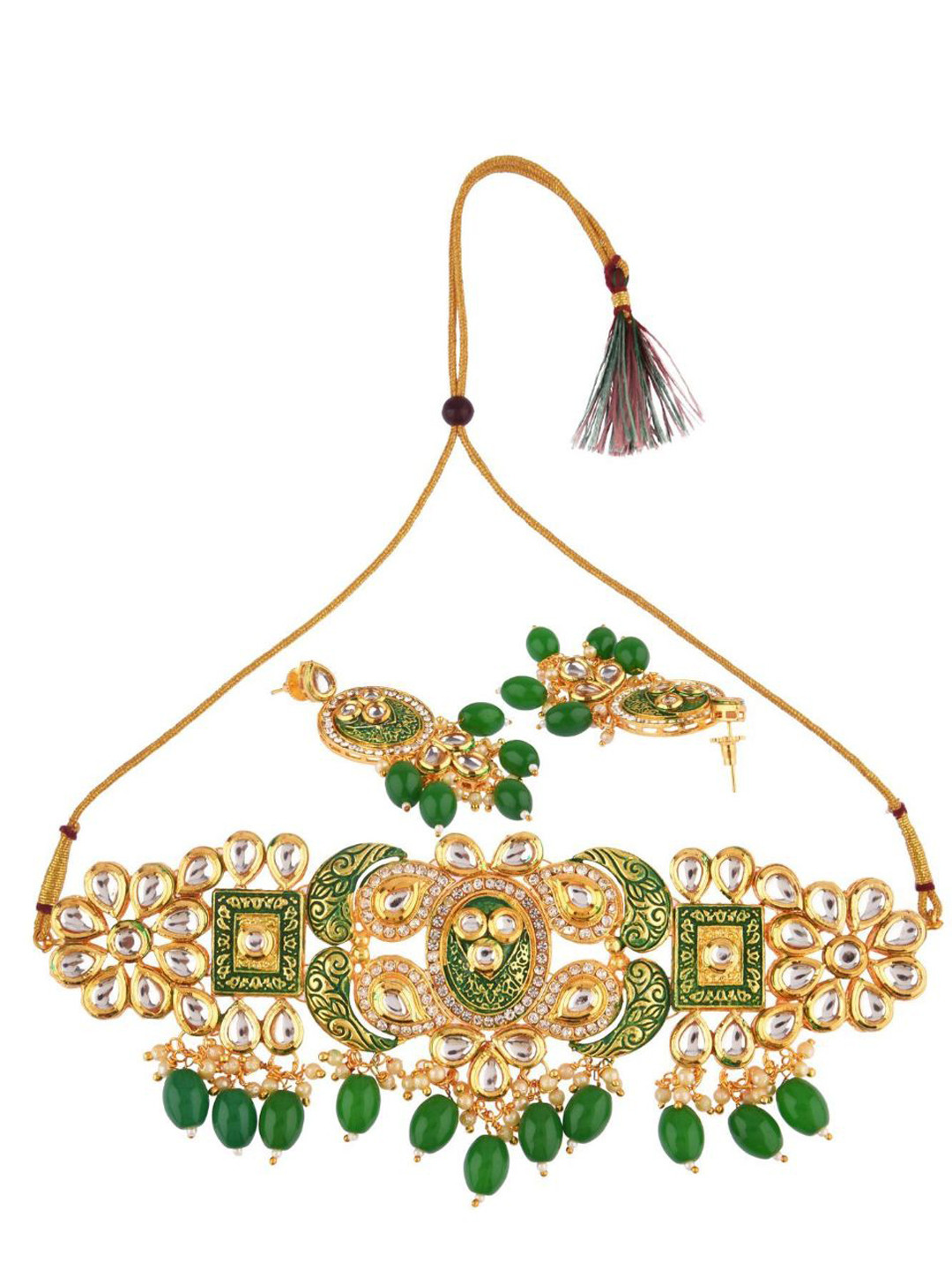 

Efulgenz Gold Plated Green & White Crystal Stone Studded & Beaded Choker Jewellery Set