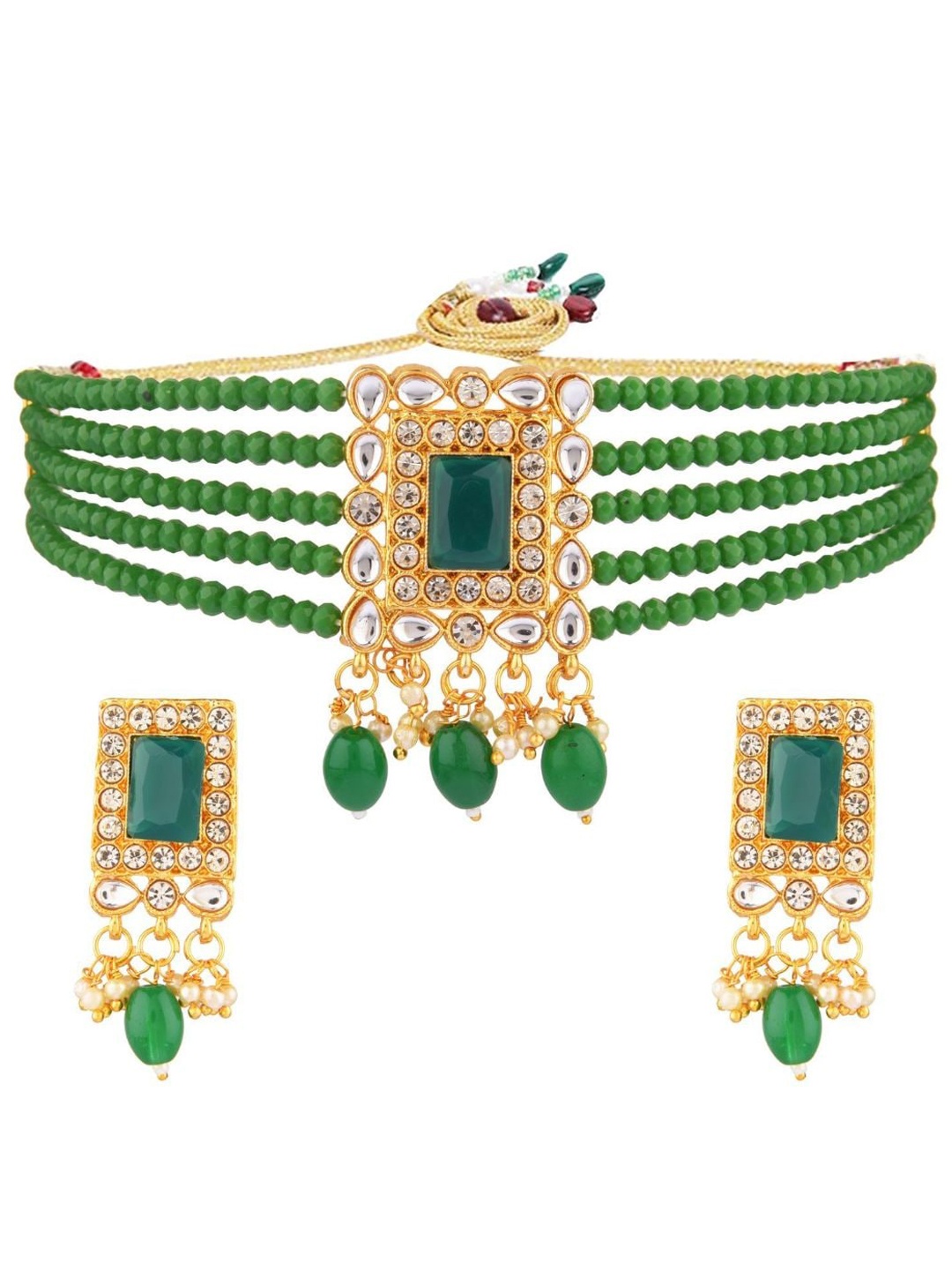 

Efulgenz Gold-Plated Green & White Beaded Jewellery Set