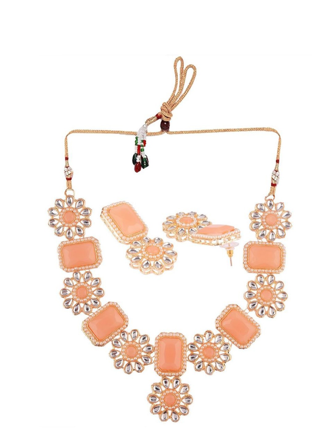 

Efulgenz Peach-coloured Bridal Crystal Kundan Jewellery Set