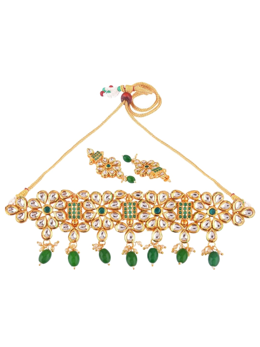 

Efulgenz Gold-Plated Green Kundan Studded Pearl Beaded Jewellery Set