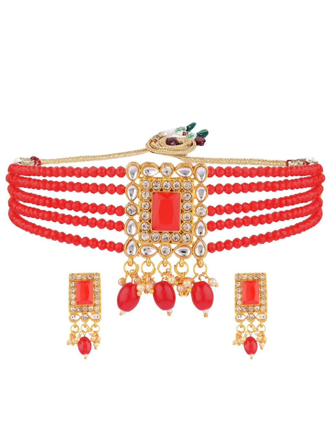 

Efulgenz Red Pearl Beaded Choker Jewellery Set