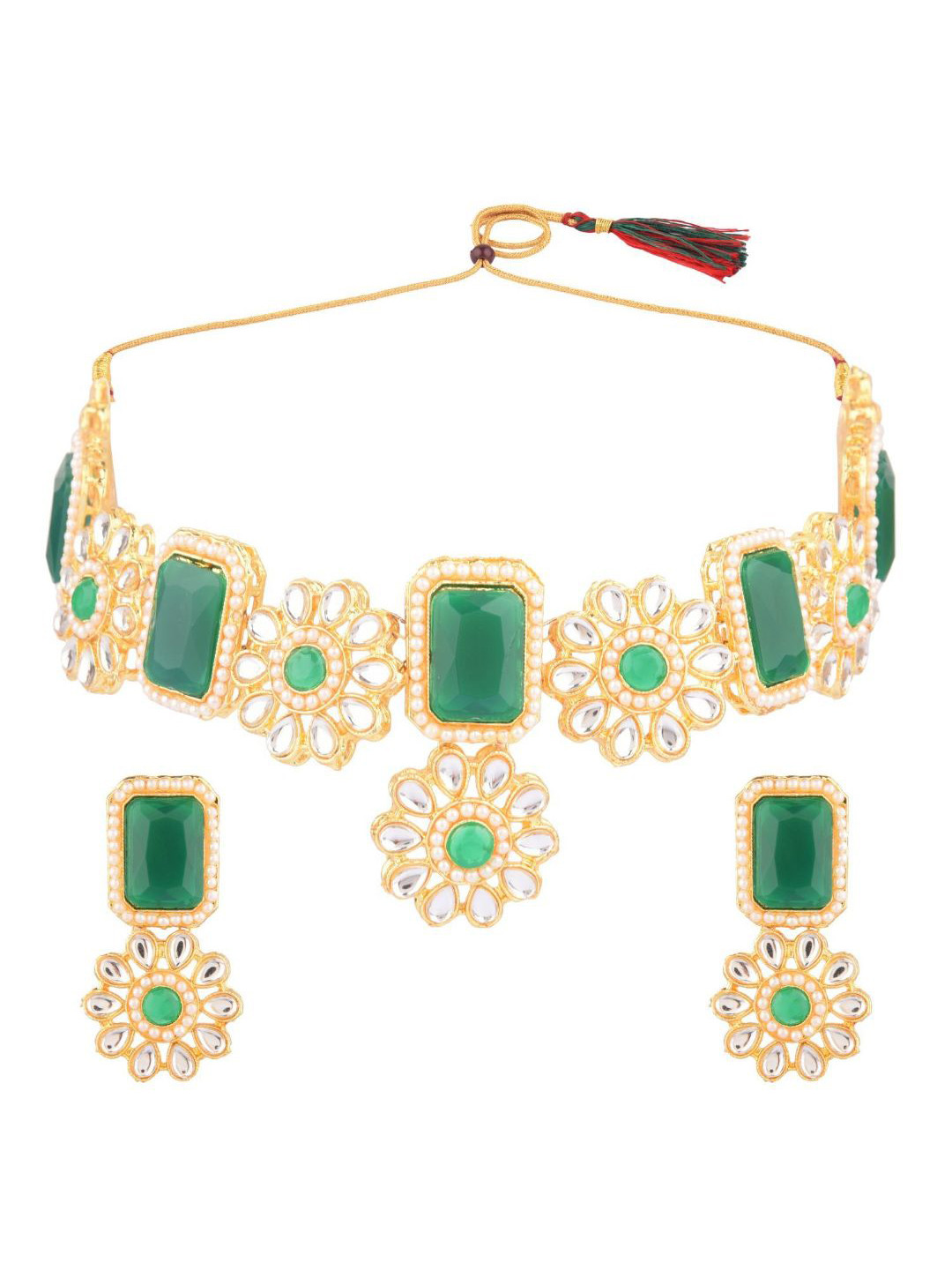 

Efulgenz Green Gold-Plated Crystal Studded Bridal Jewellery Set