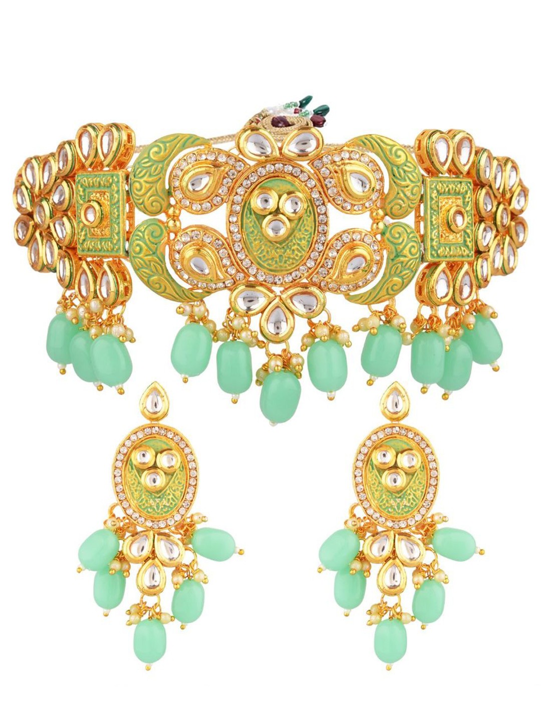 

Efulgenz Gold-Plated Green Kundan Beaded Jewellery Set
