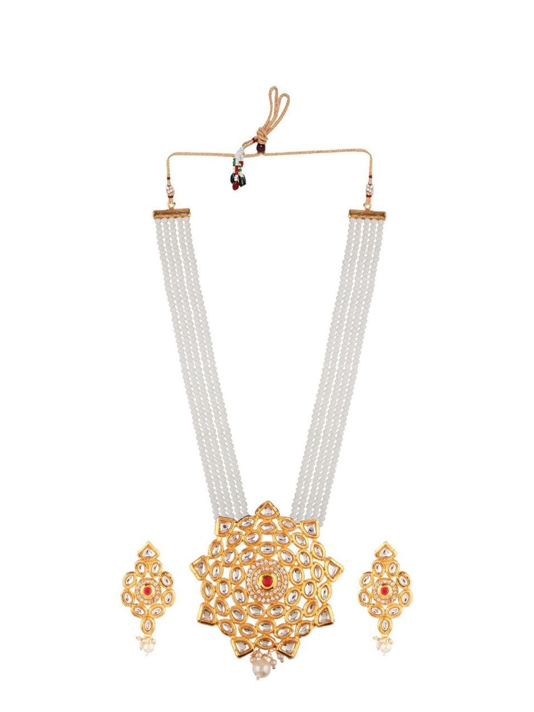 

Efulgenz White & Gold Plated Beaded Multi Layered Stranded Necklace Earrings Set