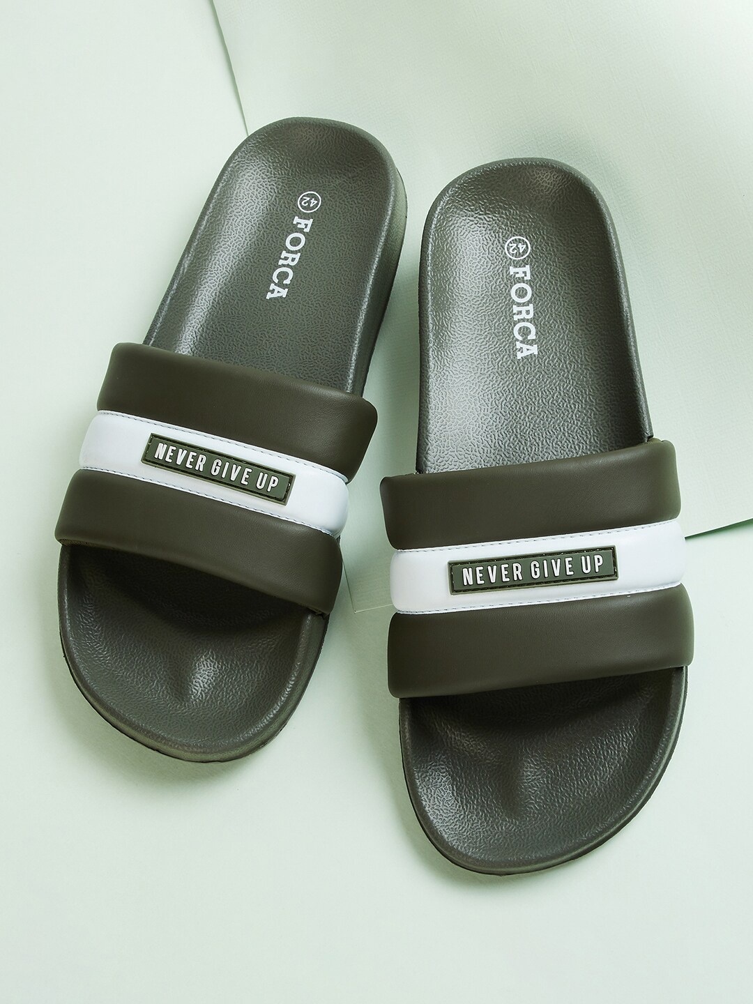 

Forca by Lifestyle Men Olive Green & White Colourblocked Rubber Sliders