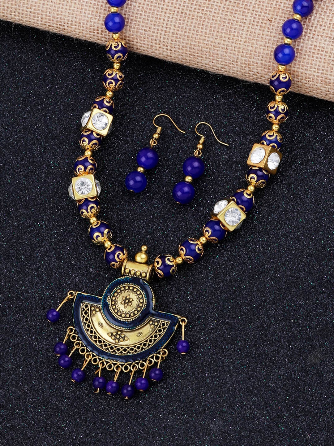 

Silver Shine Gold-Plated White & Blue Stone-Studded & Beaded Jewellery Set