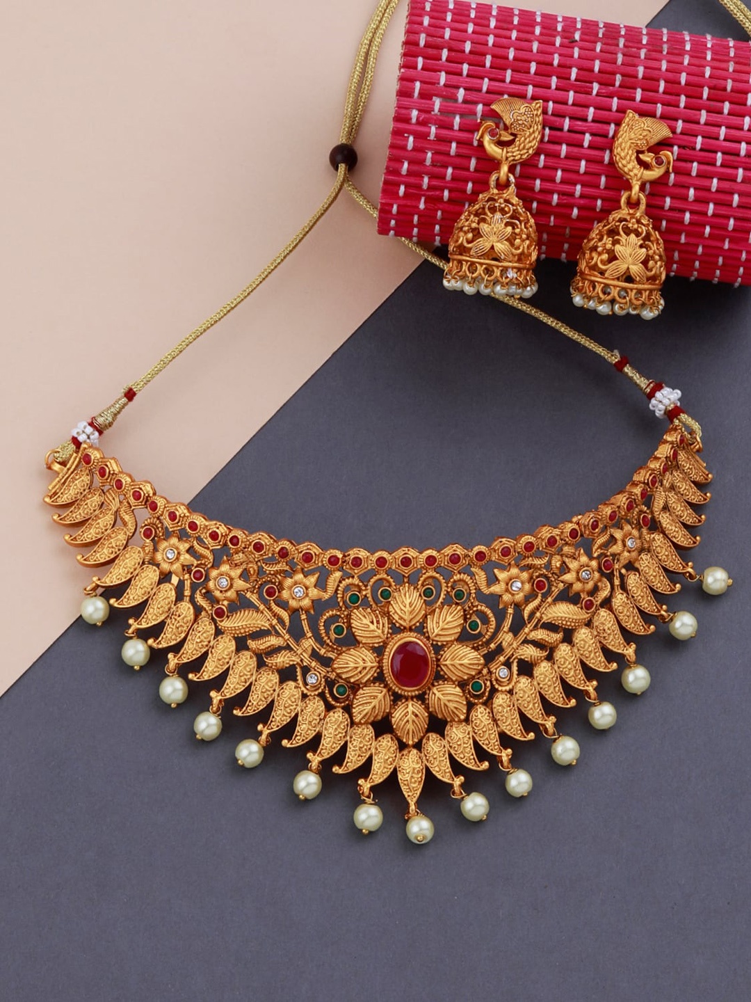 

Silver Shine Gold-Plated White Stone Studded & Pearl Beaded Choker Jewellery Set