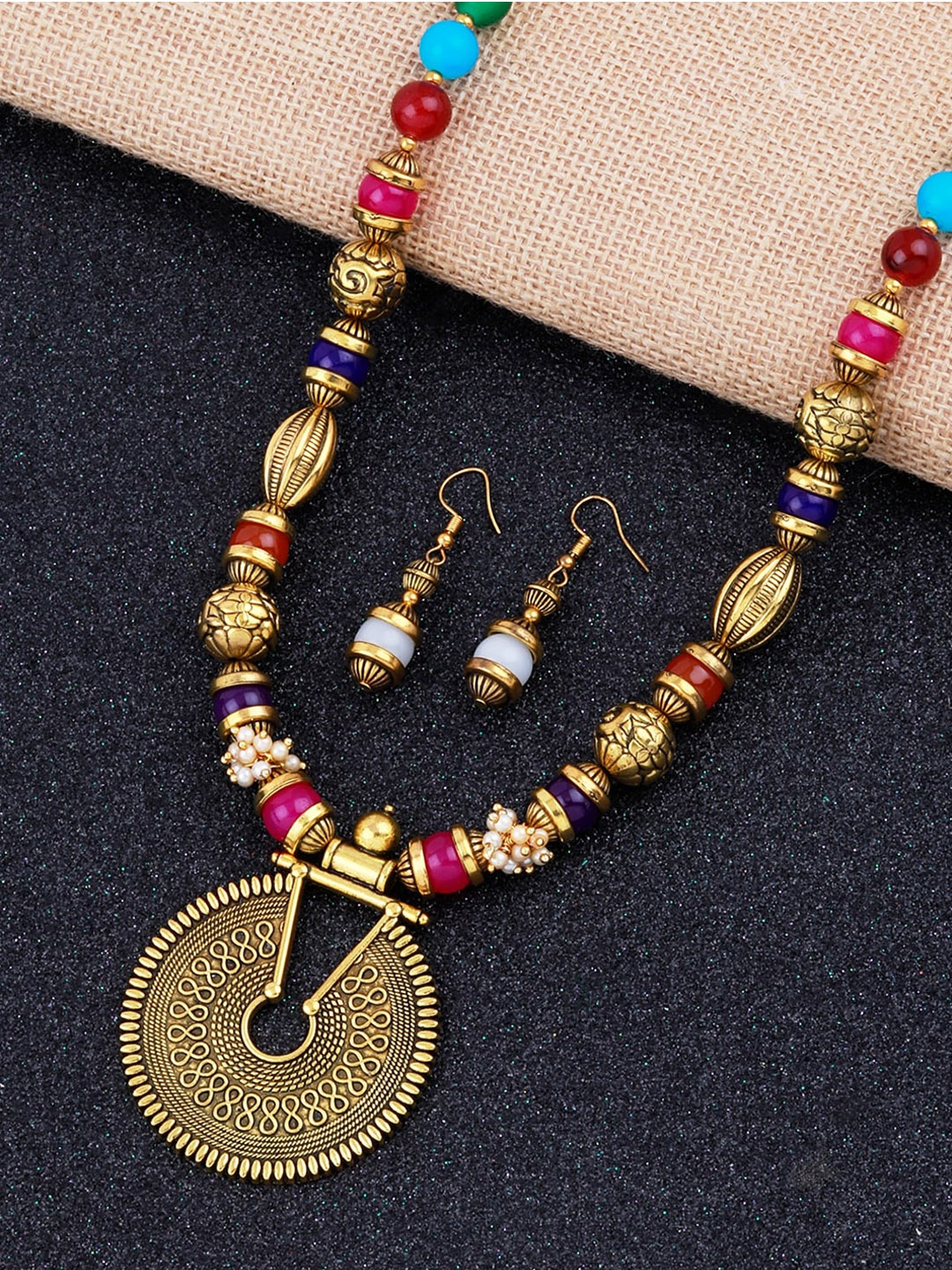 

Silver Shine Gold-Plated Red & Blue Beaded Jewellery Set, Multi