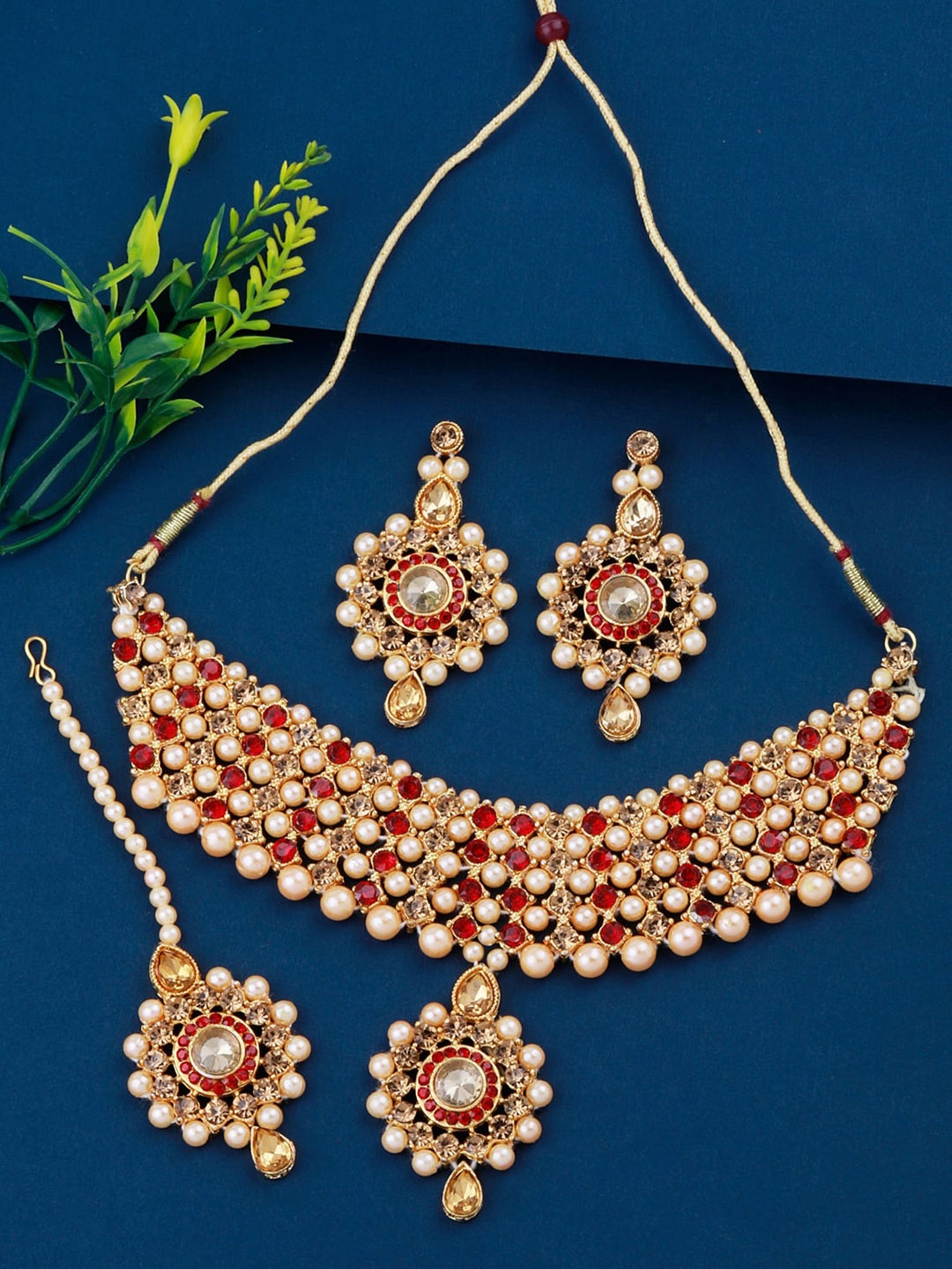

Silver Shine Gold-Plated Red Stone & Pearl Studded Jewellery Set
