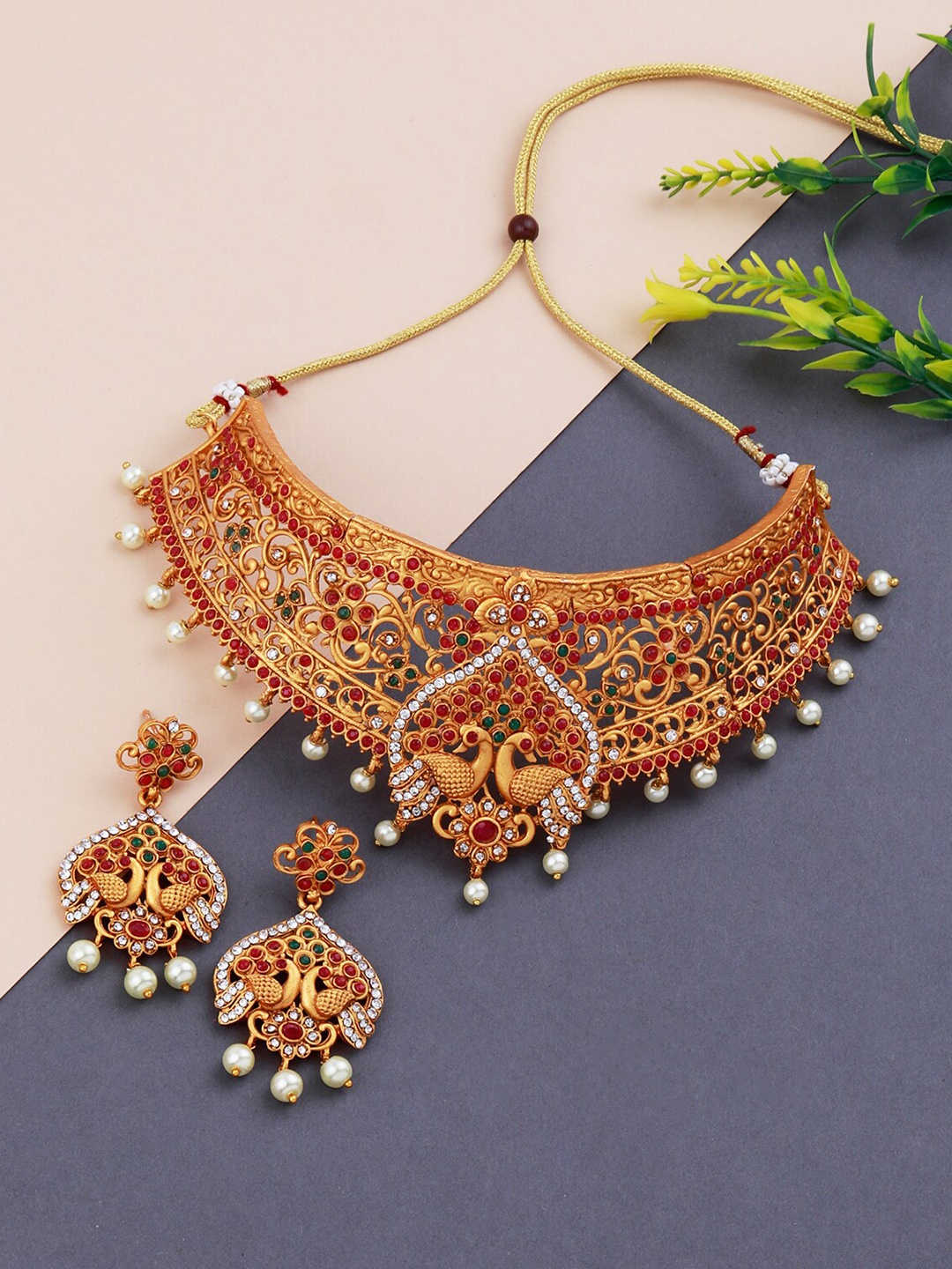 

Silver Shine Red & Gold-Plated women Artificial Stones Jewellery Set